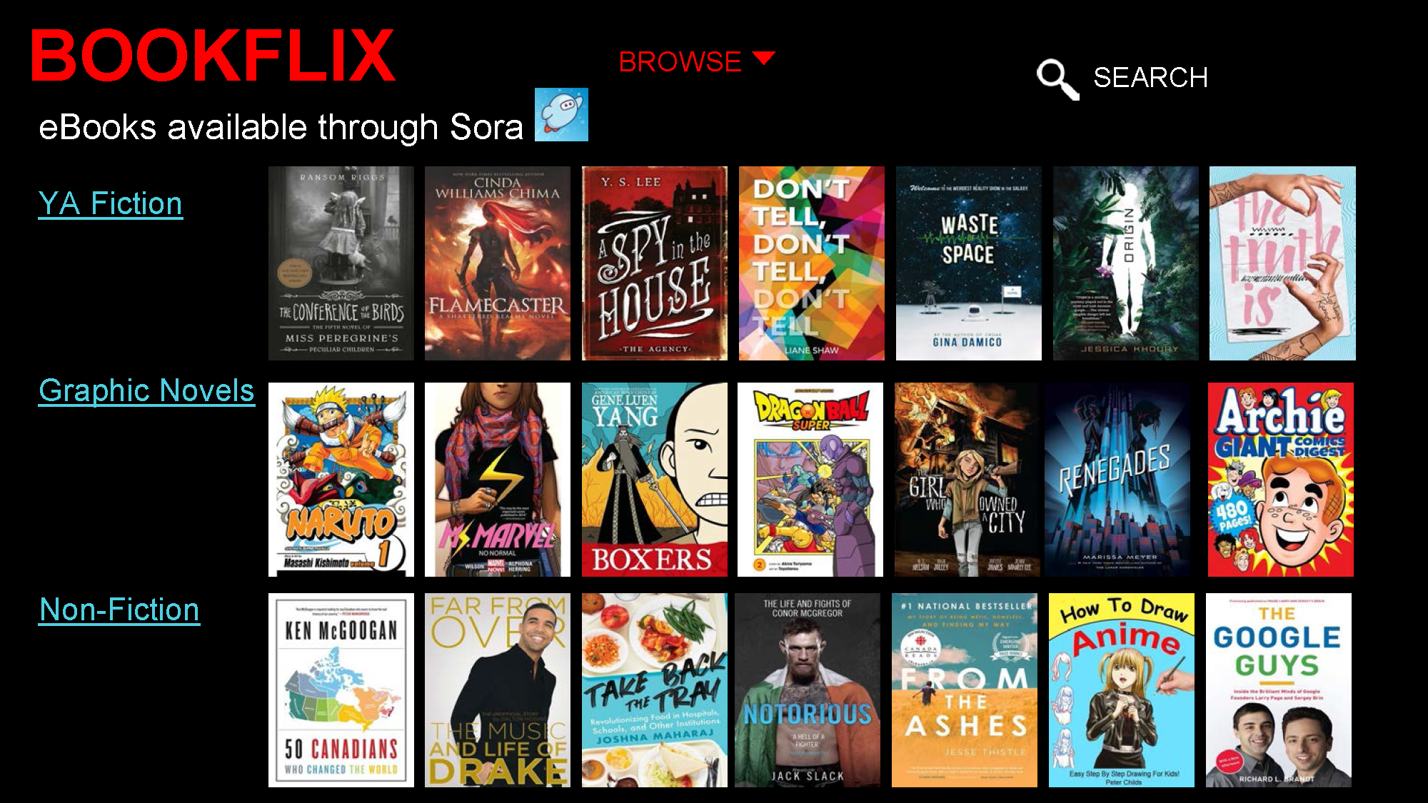Bookflix Virtual Display - includes links to eBooks on the following topics:  YA Fiction, Graphic Novels & Non-Fiction